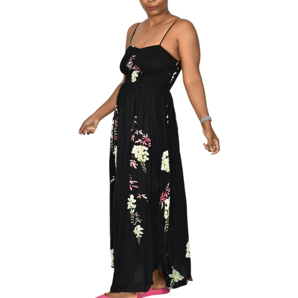 Free People Beau Midi Dress Black Floral Gauzy Smock Slip Sweetheart Sundress XS - Picture 10 of 15
